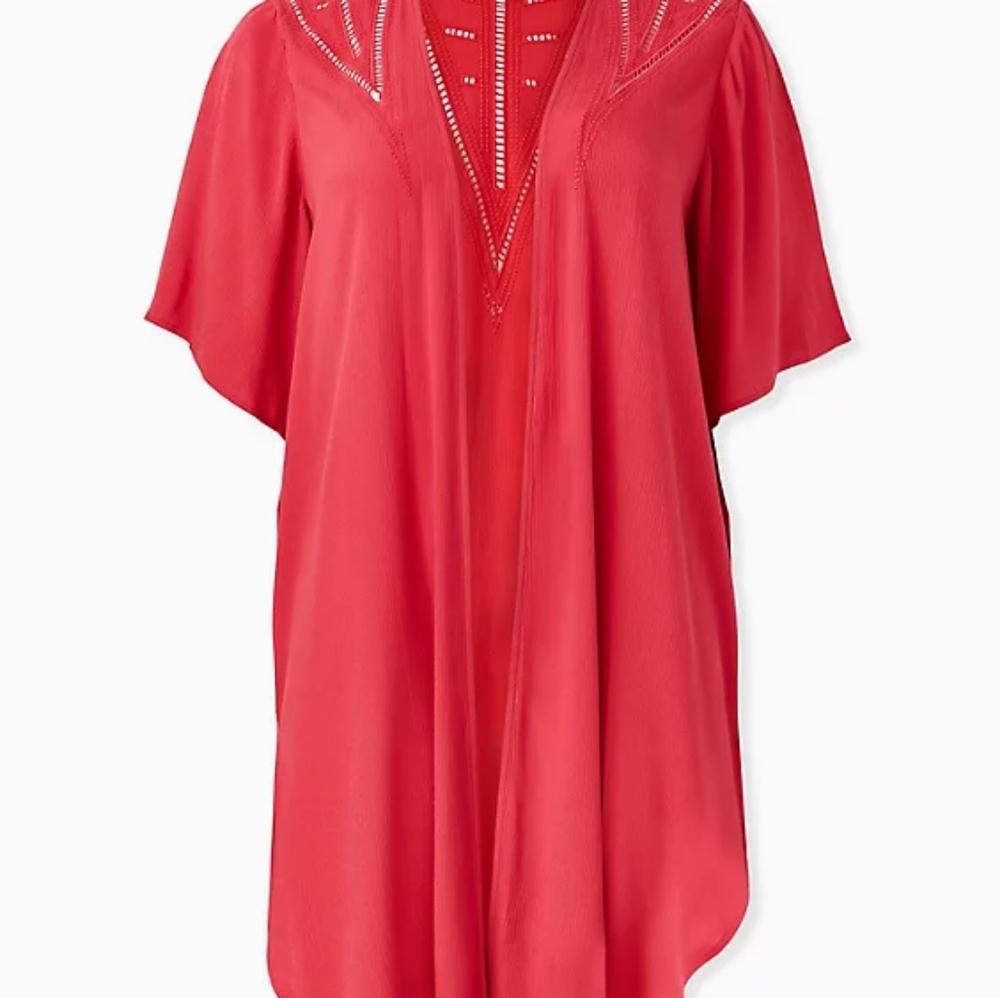 RED CRINKLED GAUZE CROCHET INSET LONGLINE KIMONO